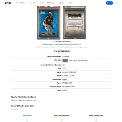 2022 Bowman Sterling JAMES WOOD Padres SSP Blue Refractor Rookie RC /25 PSA 9
