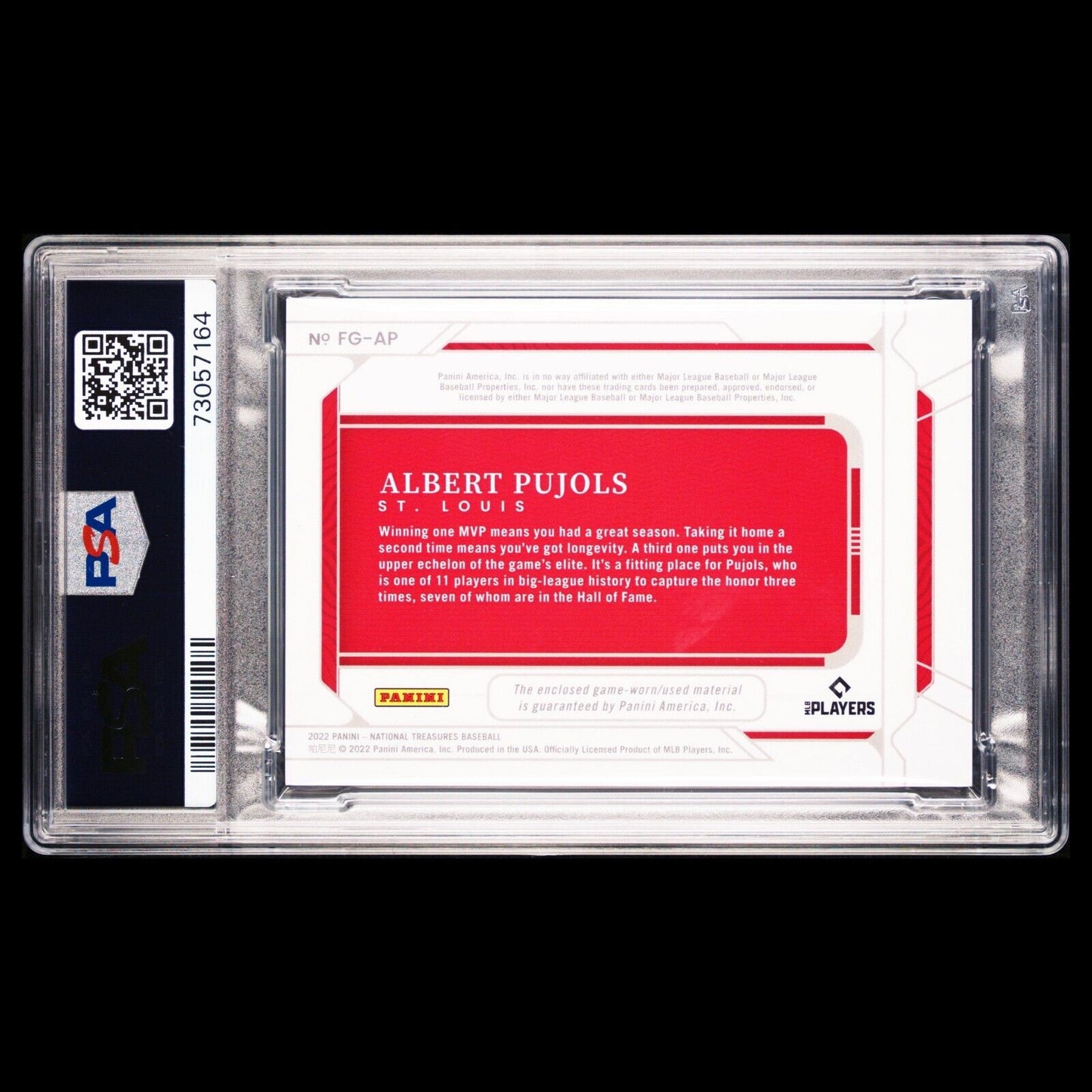 2022 National Treasures ALBERT PUJOLS MLB Field Gear  SSP Triple Relic /10 PSA 8