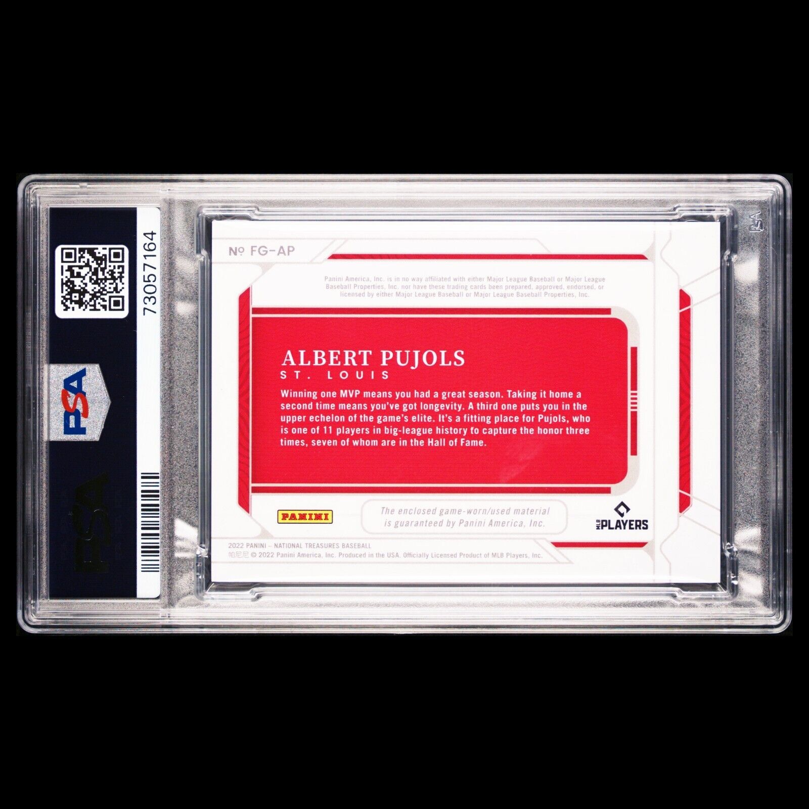 2022 National Treasures ALBERT PUJOLS MLB Field Gear  SSP Triple Relic /10 PSA 8