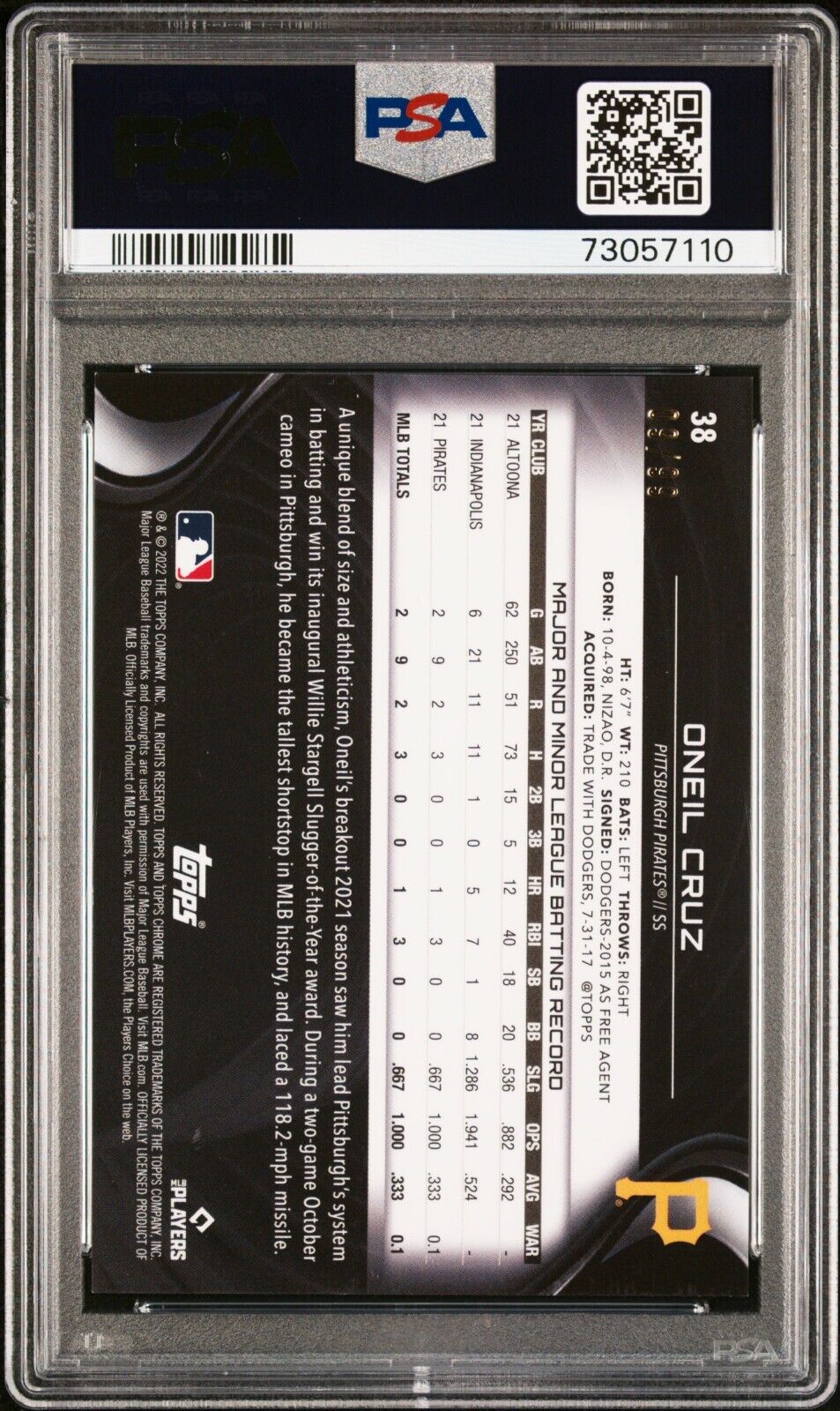 2022 Topps Chrome Black ONEIL CRUZ MLB Green Refractor Rookie RC /99 PSA 8