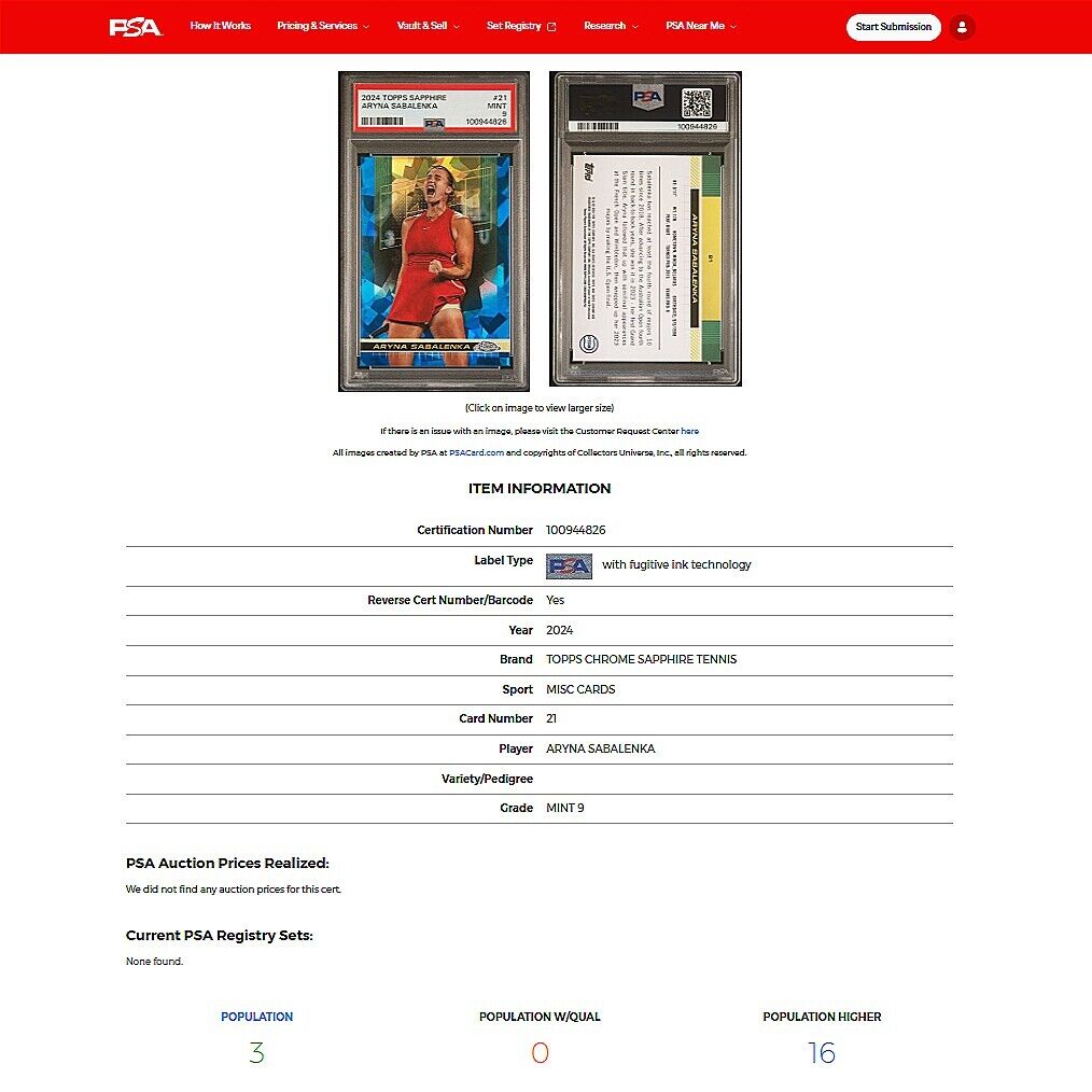 2024 Topps Chrome Sapphire Tennis ARYNA SABALENKA Blue Refractor  PSA 9 MINT
