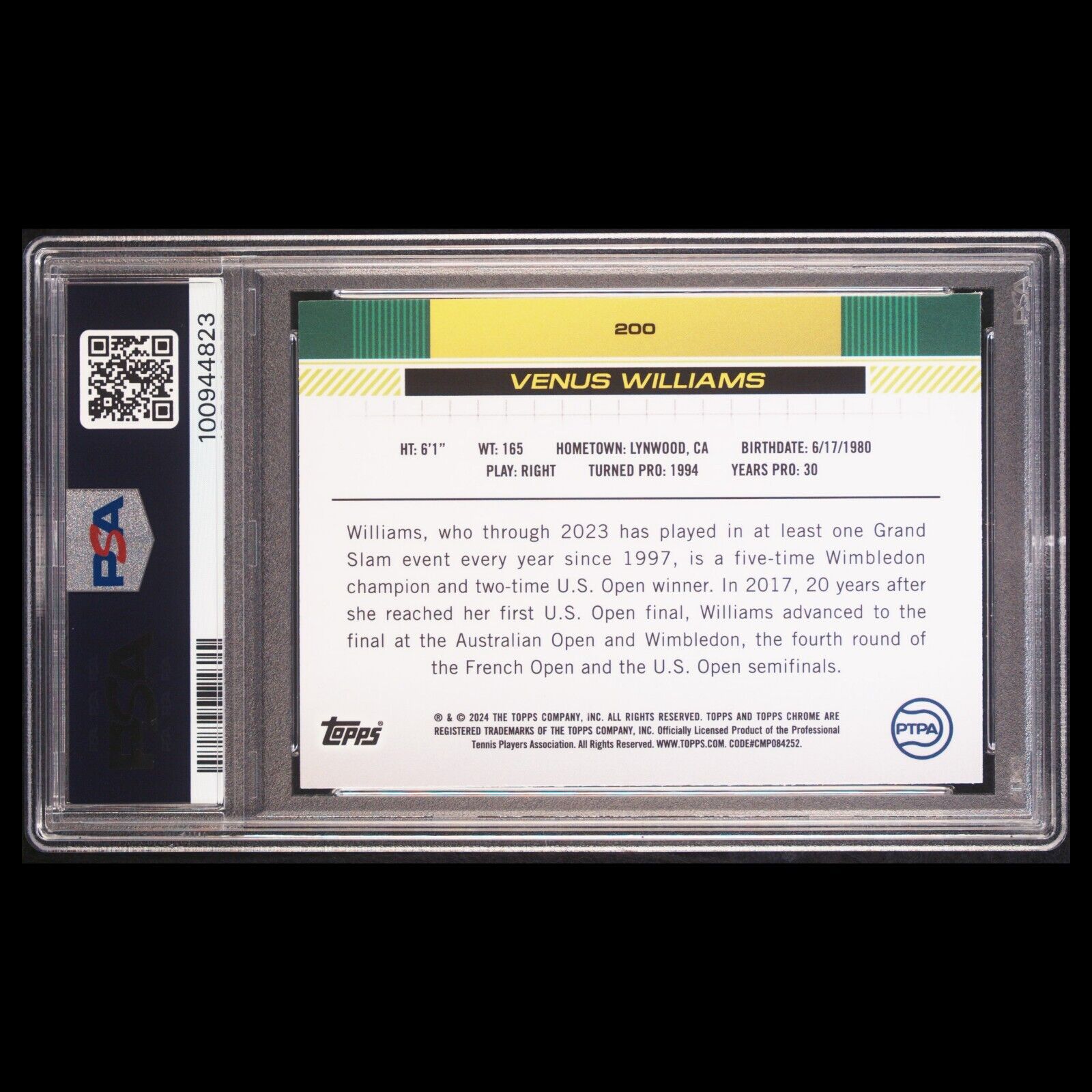 2024 Topps Chrome Sapphire Tennis VENUS WILLIAMS SP Green Refractor  PSA 9 MINT