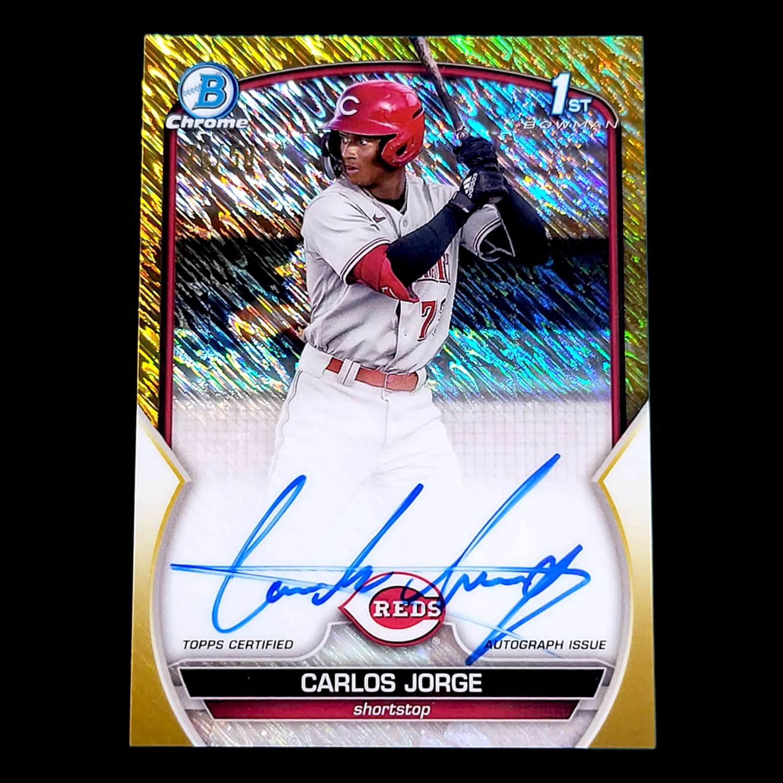 2023 Bowman Chrome CARLOS JORGE Reds 1st Gold Shimmer On-Card Rookie Auto /5O