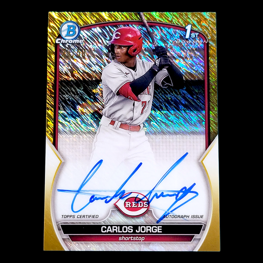 2023 Bowman Chrome CARLOS JORGE Reds 1st Gold Shimmer On-Card Rookie Auto /5O