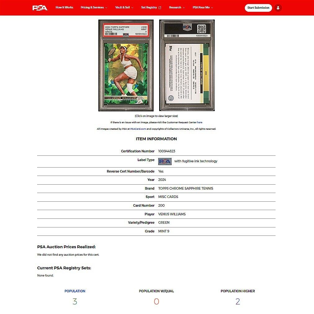 2024 Topps Chrome Sapphire Tennis VENUS WILLIAMS SP Green Refractor  PSA 9 MINT