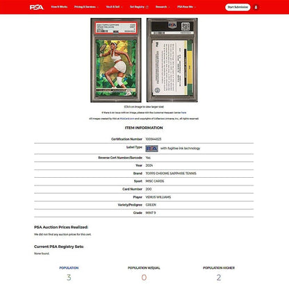 2024 Topps Chrome Sapphire Tennis VENUS WILLIAMS SP Green Refractor  PSA 9 MINT