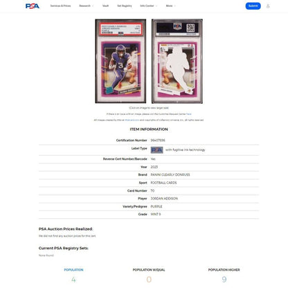 2023 Clearly Donruss JORDAN ADDISON SP Purple Match Rated Rookie RC /199 PSA 9