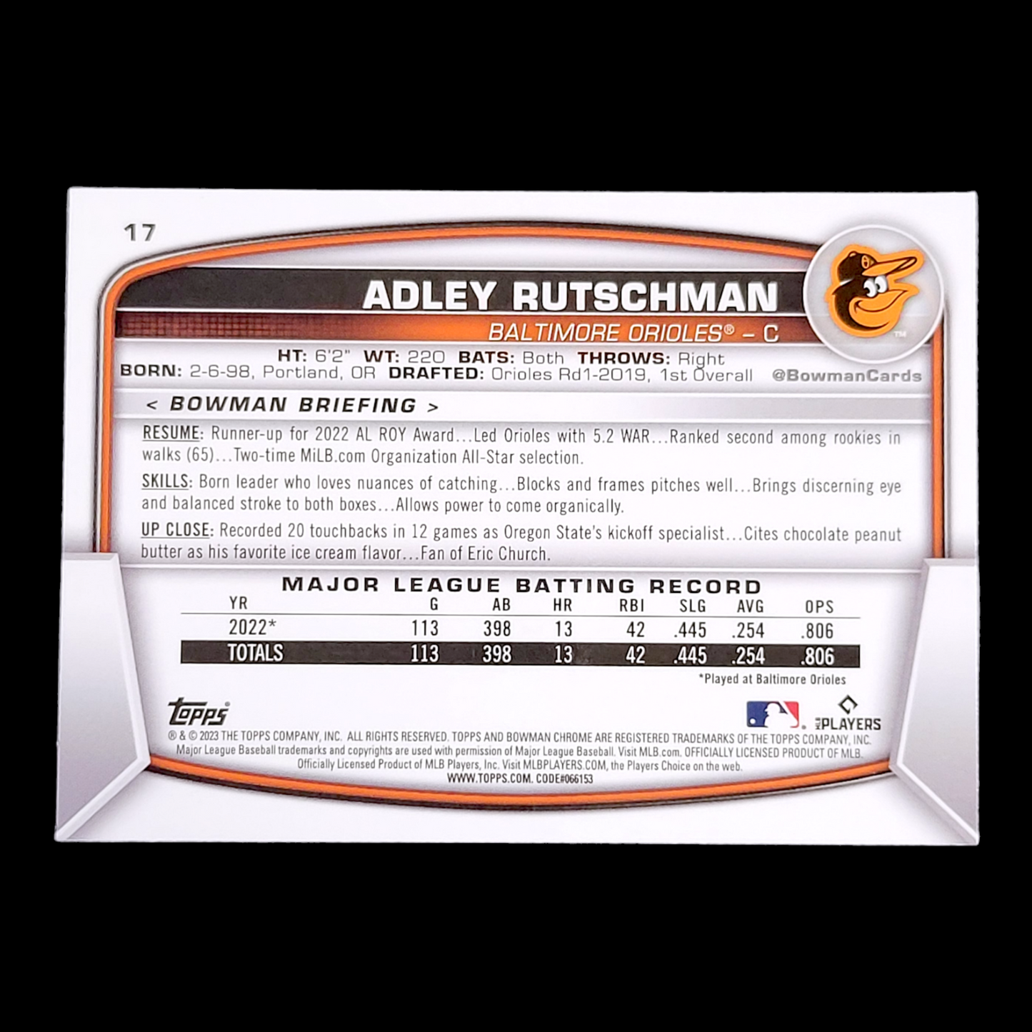 2023 Bowman Chrome Sapphire ADLEY RUTSCHMAN Orioles Rookie ROY Card RC #17