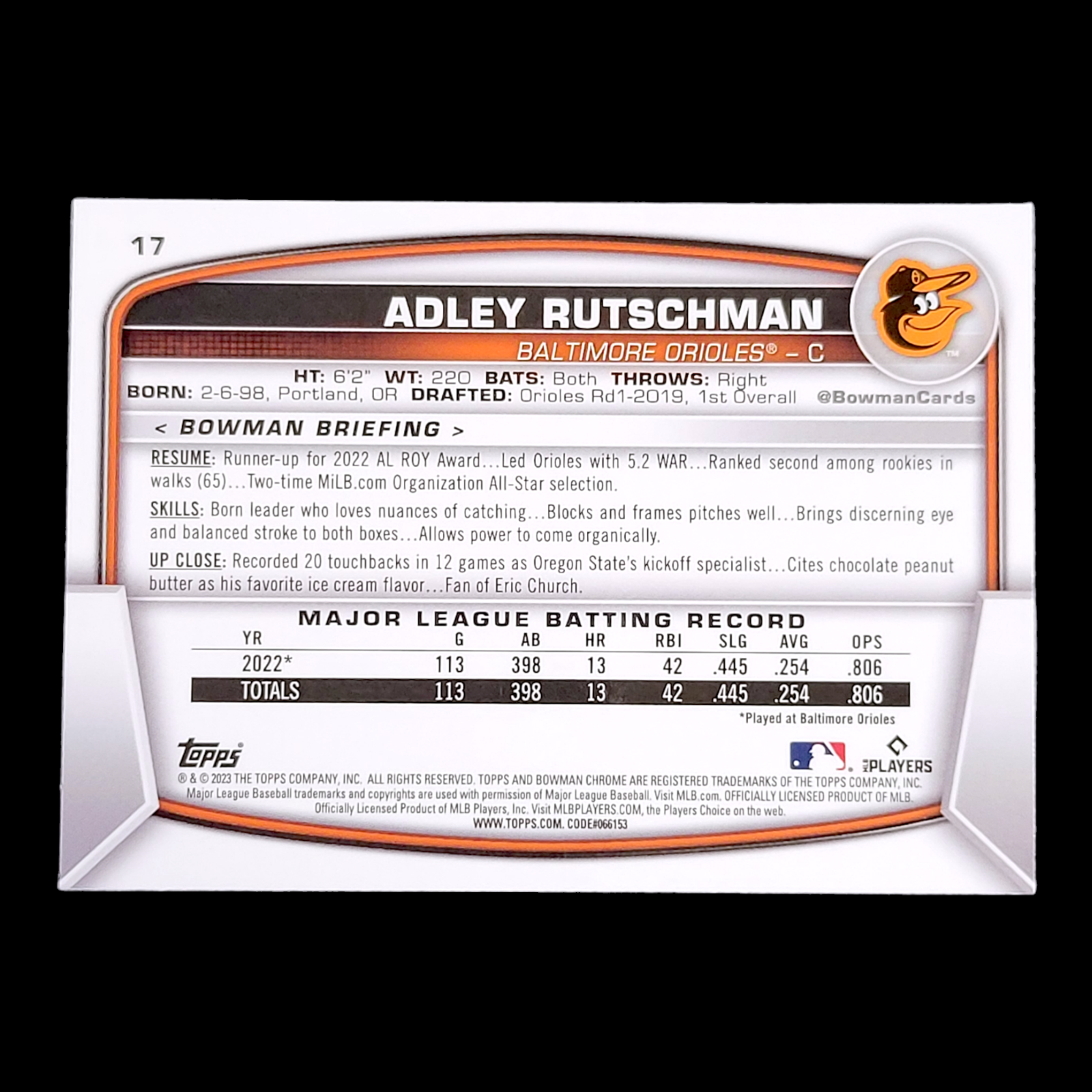 2023 Bowman Chrome Sapphire ADLEY RUTSCHMAN Orioles Rookie ROY Card RC #17