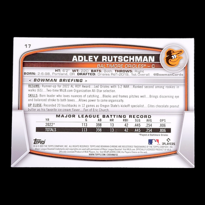 2023 Bowman Chrome Sapphire ADLEY RUTSCHMAN Orioles Rookie ROY Card RC #17