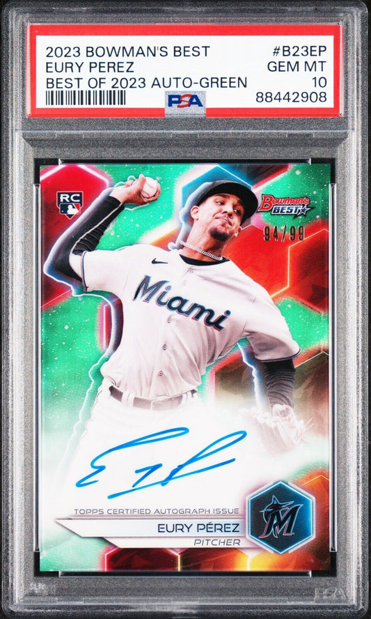 2023 Bowman's Best EURY PEREZ SP Green Refractor On Card Auto RC /99 PSA 10
