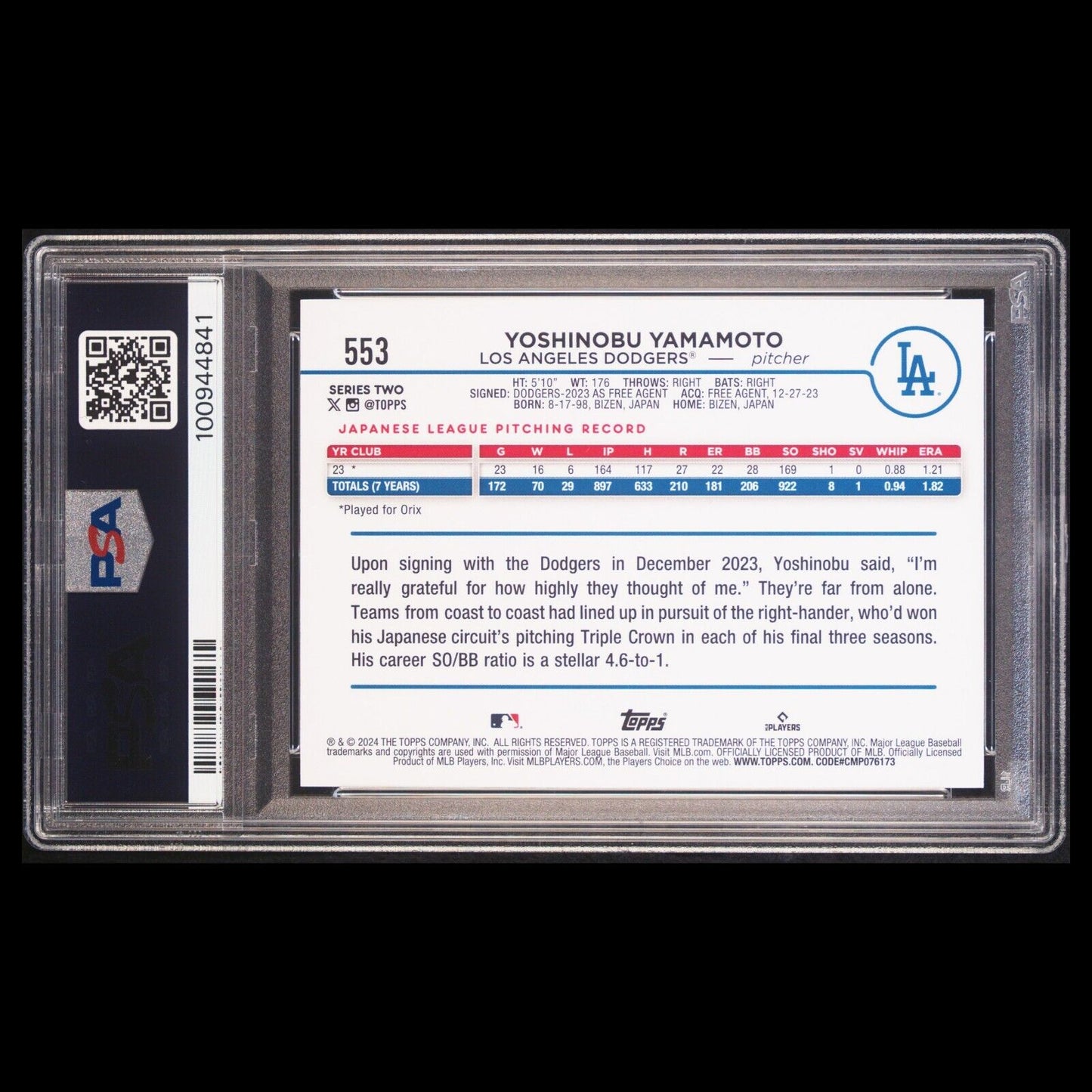 2024 Topps Series 1 YOSHINOBU YAMAMOTO SP Yellow Foil Rookie Card RC PSA 9 MINT