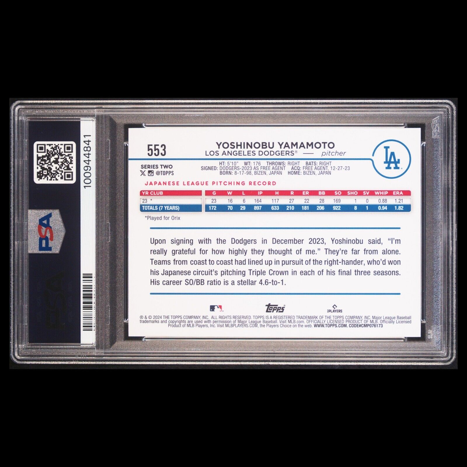 2024 Topps Series 1 YOSHINOBU YAMAMOTO SP Yellow Foil Rookie Card RC PSA 9 MINT