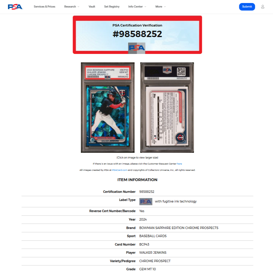 2024 Bowman Chrome Sapphire WALKER JENKINS 1st Bowman Refractor Rookie RC PSA 10