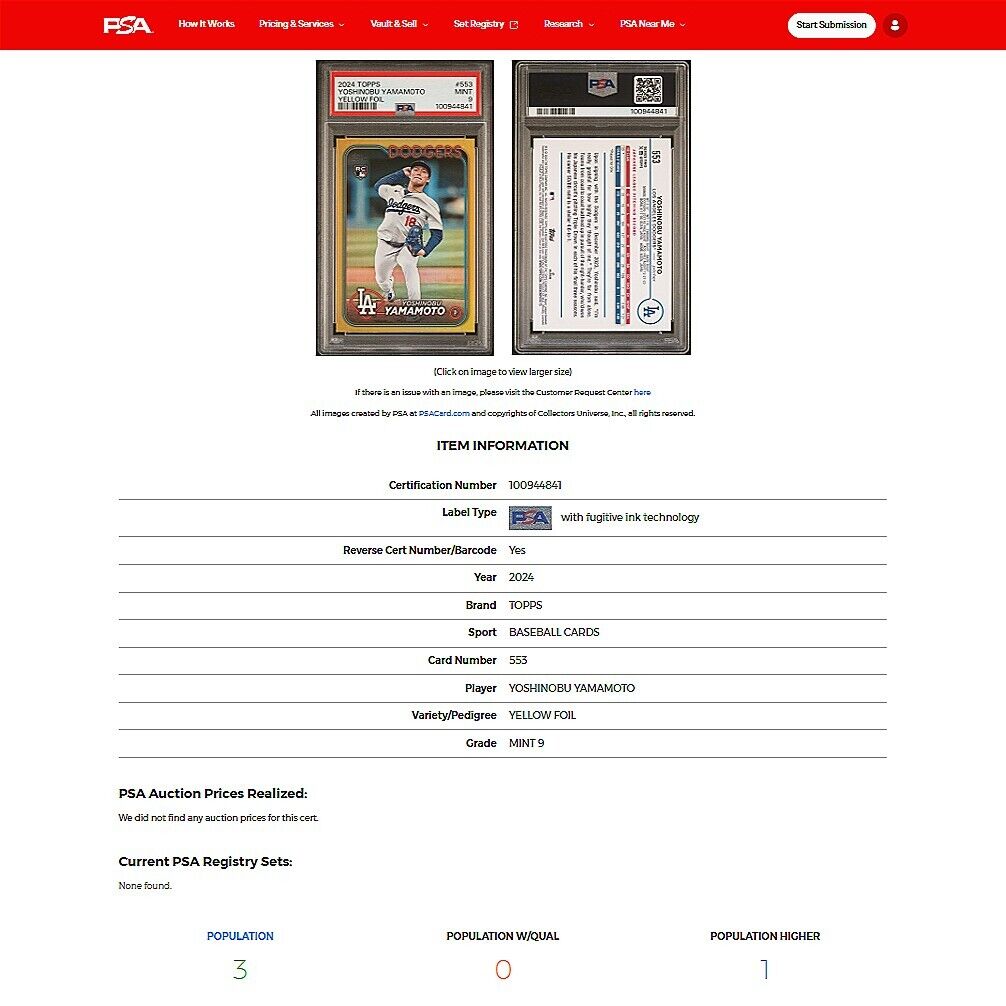 2024 Topps Series 1 YOSHINOBU YAMAMOTO SP Yellow Foil Rookie Card RC PSA 9 MINT