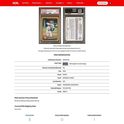 2024 Topps Series 1 YOSHINOBU YAMAMOTO SP Yellow Foil Rookie Card RC PSA 9 MINT