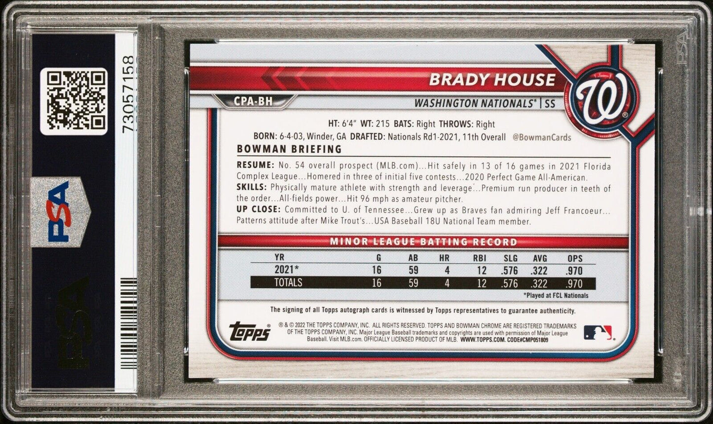 2022 Bowman Chrome Prospects BRADY HOUSE MLB Blue Ink On Card Auto PSA 9 MINT