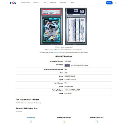 2024 Topps Chrome BRYAN WOO Aqua Lava Refractor Rookie Card RC #172 PSA 10 GEM
