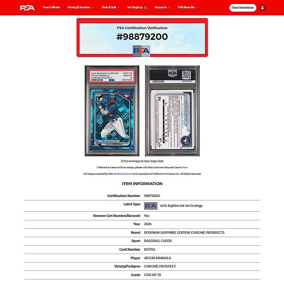 2024 Bowman Chrome Sapphire ARJUN NIMMALA 1st Bowman Refractor Rookie RC PSA 10