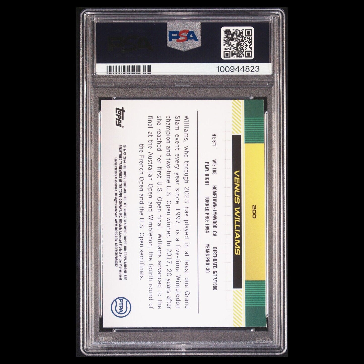 2024 Topps Chrome Sapphire Tennis VENUS WILLIAMS SP Green Refractor  PSA 9 MINT