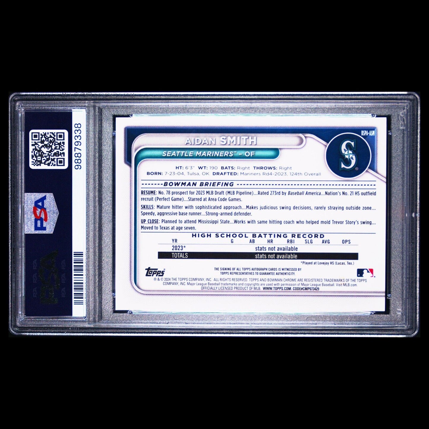 2024 Bowman Chrome Sapphire AIDAN SMITH 1st Green Refractor RC Auto /99 PSA 10