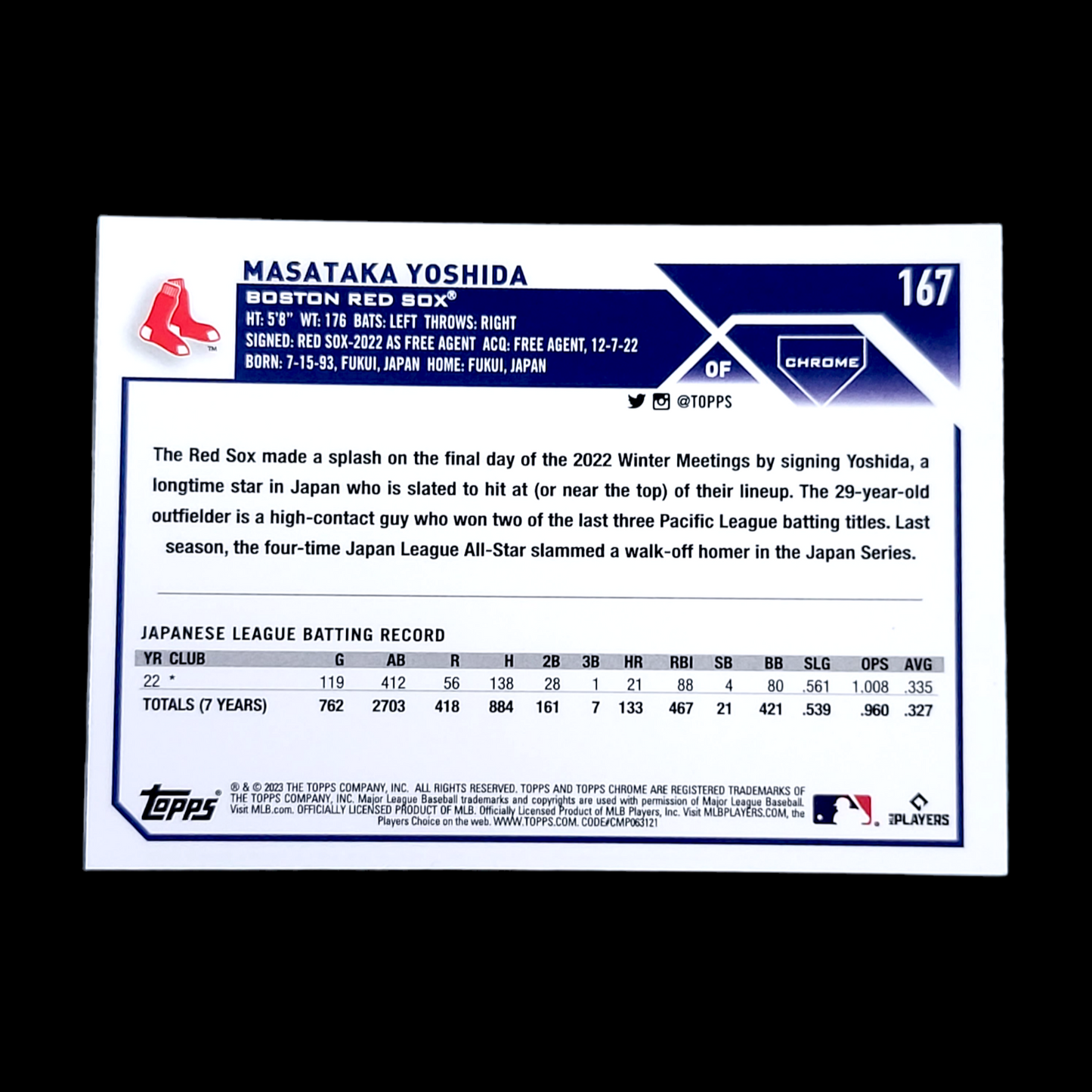 2023 Topps Chrome MASATAKA YOSHIDA Boston Red Sox Flagship Rookie RC #167