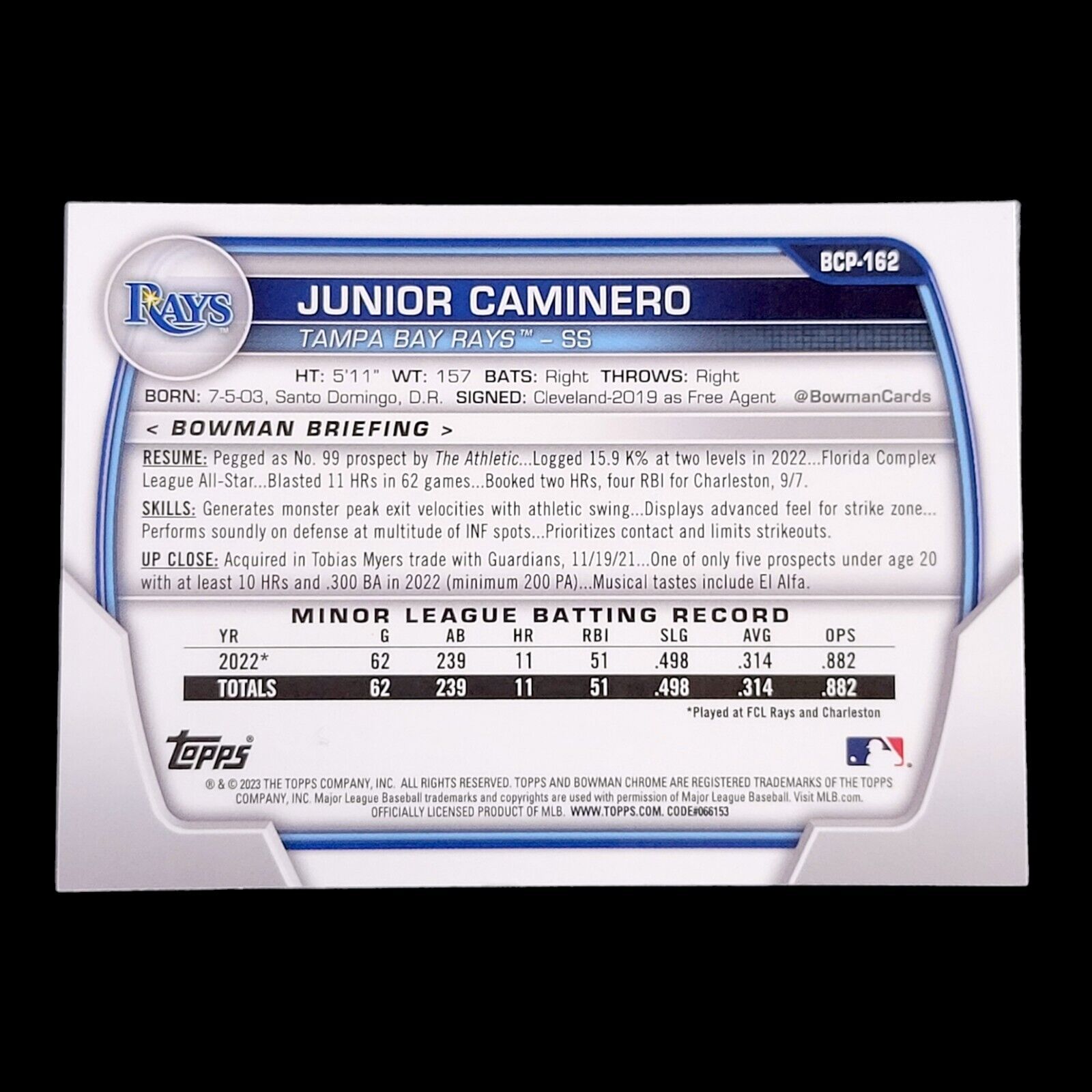 2023 Bowman Chrome Sapphire JUNIOR CAMINERO  TB Rays Rookie Prospect Card BCP162