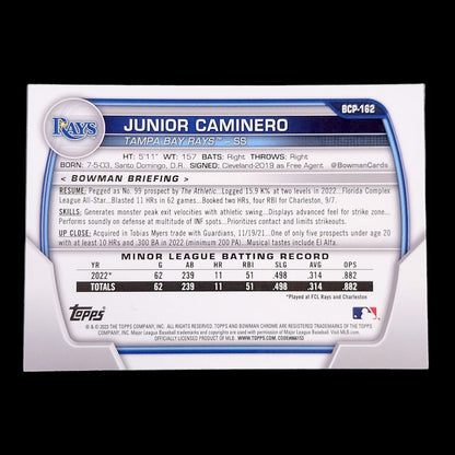 2023 Bowman Chrome Sapphire JUNIOR CAMINERO  TB Rays Rookie Prospect Card BCP162