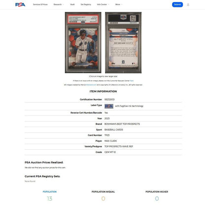 2023 Bowman's Best MAX CARK Top Prospects Silver Wave Refractor Rookie RC PSA 10