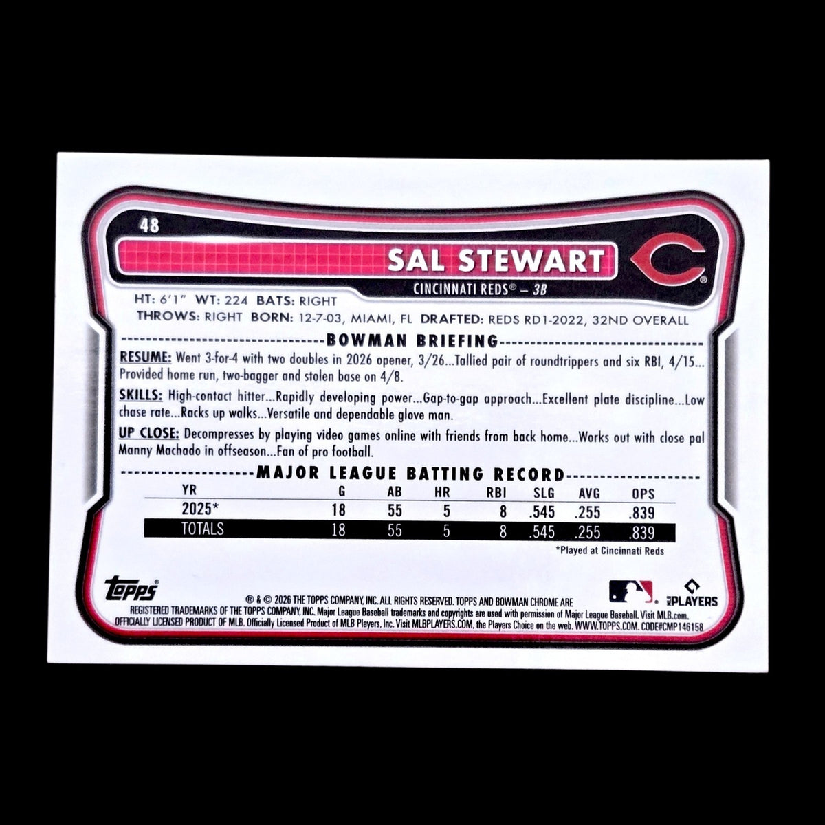 2026 Bowman Chrome SAL STEWART Red Rookie Variation Buyback ROY Refractor #48