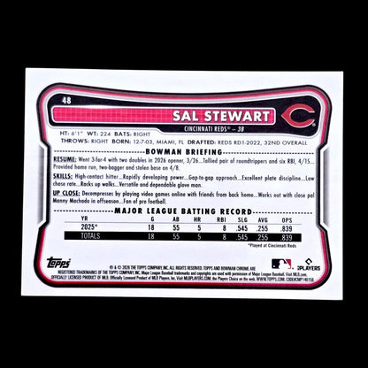 2026 Bowman Chrome SAL STEWART Red Rookie Variation Buyback ROY Refractor #48