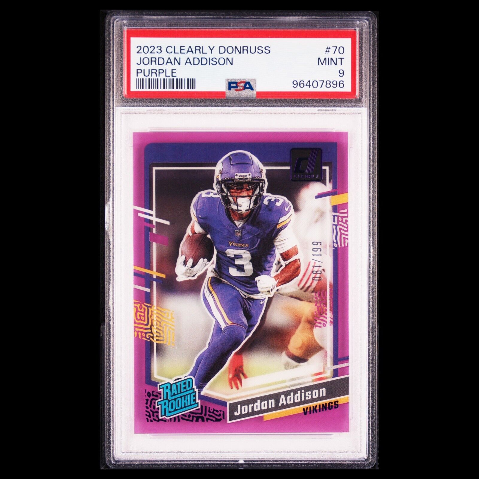 2023 Clearly Donruss JORDAN ADDISON SP Purple Match Rated Rookie RC /199 PSA 9