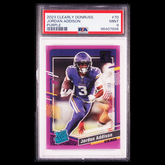 2023 Clearly Donruss JORDAN ADDISON SP Purple Match Rated Rookie RC /199 PSA 9