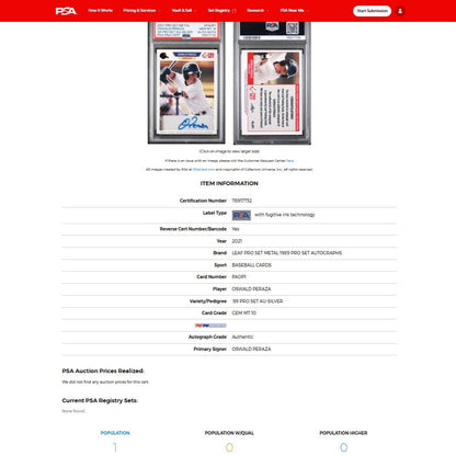 2021 Leaf Pro Set Metal OSWALD PERAZA 89 Retro SSP Silver Rookie Auto /8 PSA 10