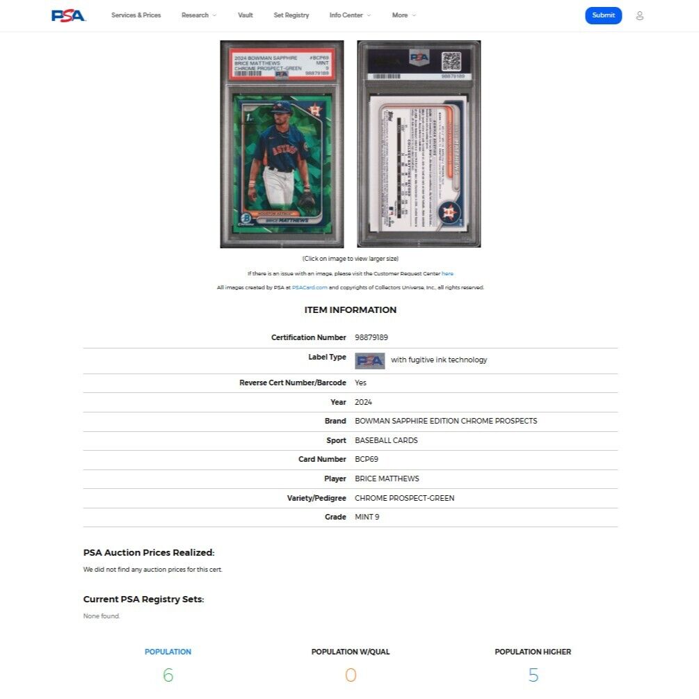 2024 Bowman Chrome Sapphire BRICE MATTHEWS SP Green Refractor RC /99 PSA 9 MINT