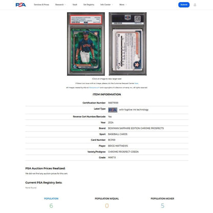2024 Bowman Chrome Sapphire BRICE MATTHEWS SP Green Refractor RC /99 PSA 9 MINT