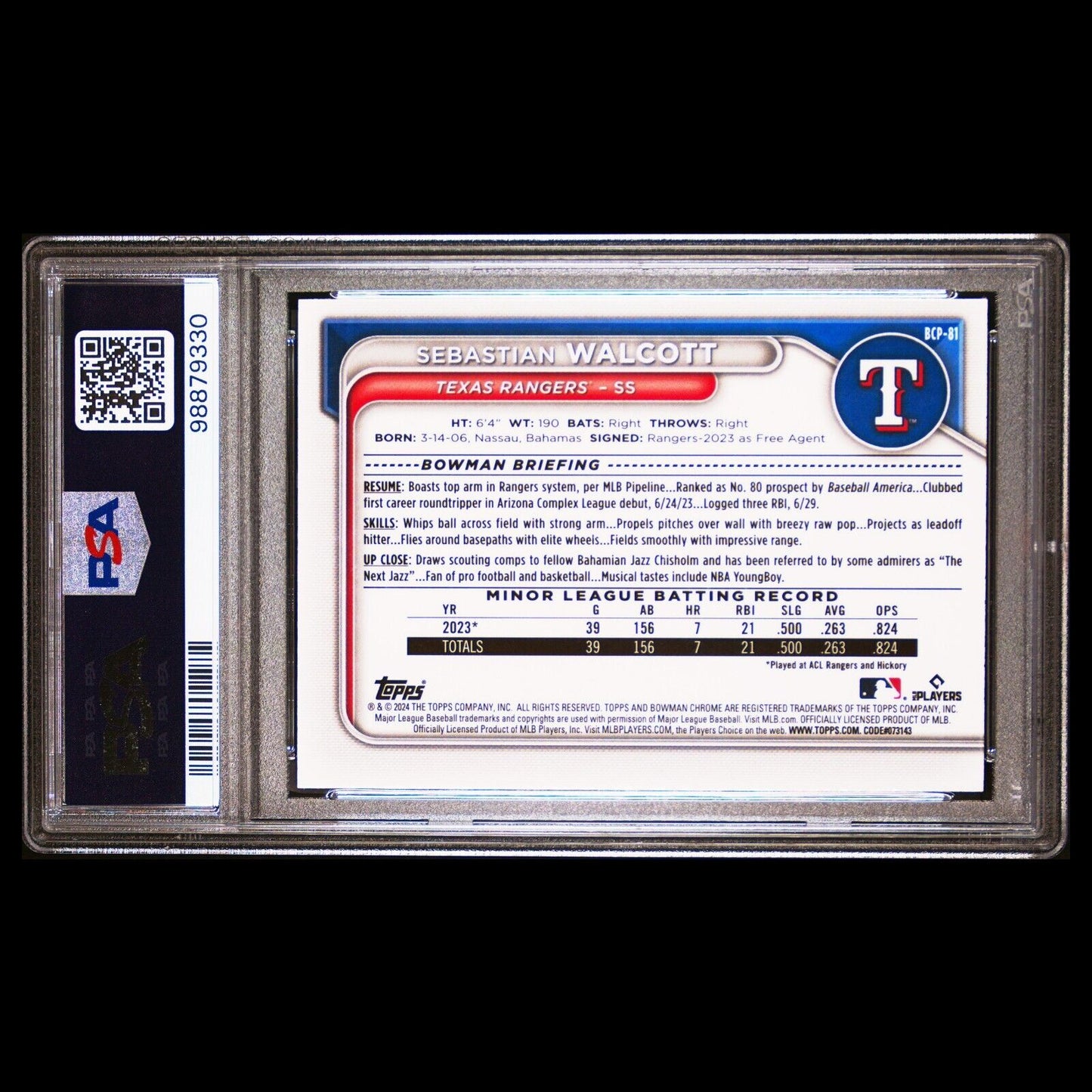 2024 Bowman Chrome Sapphire SEBASTIAN WALCOTT Green Refractor SP RC /99 PSA 10