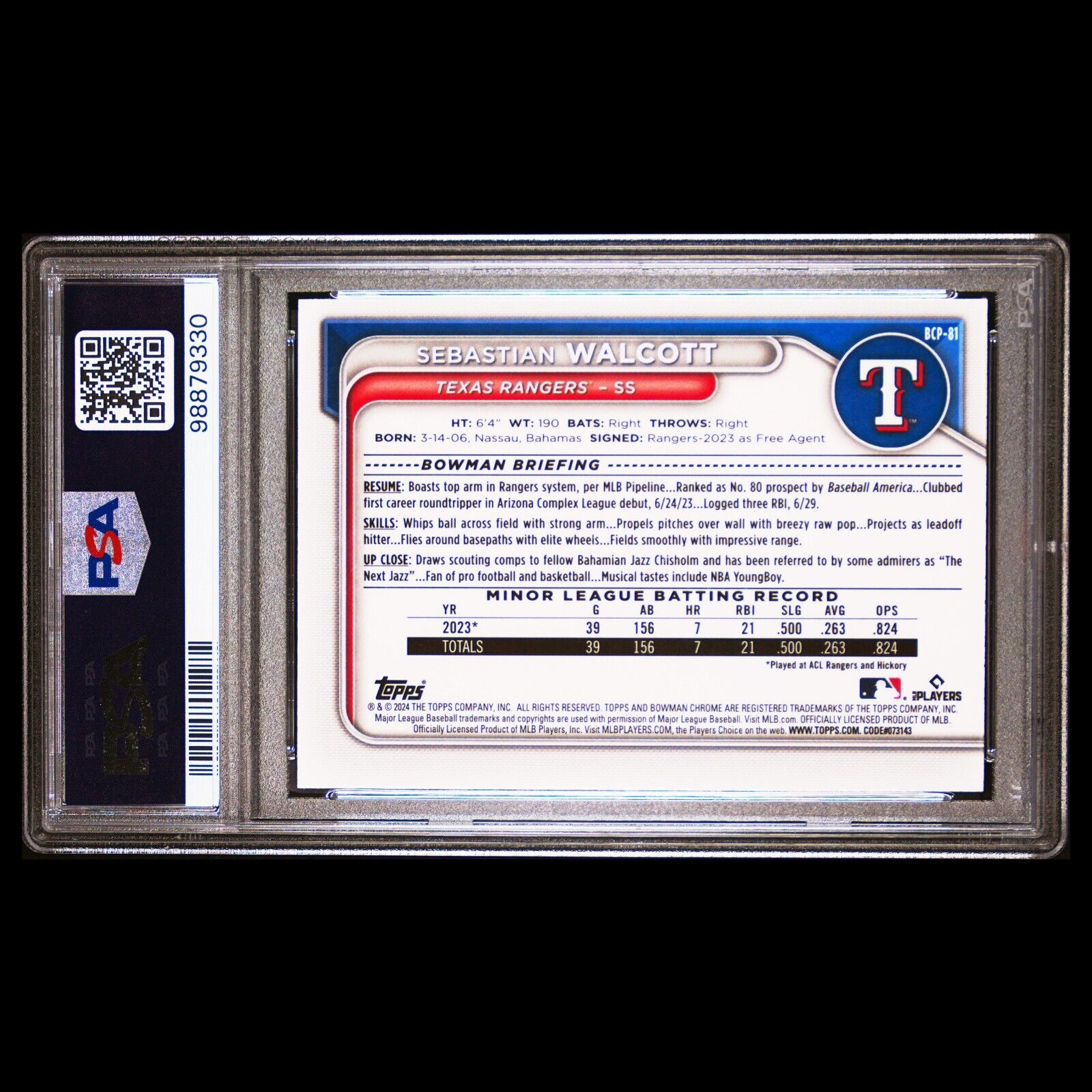 2024 Bowman Chrome Sapphire SEBASTIAN WALCOTT Green Refractor SP RC /99 PSA 10