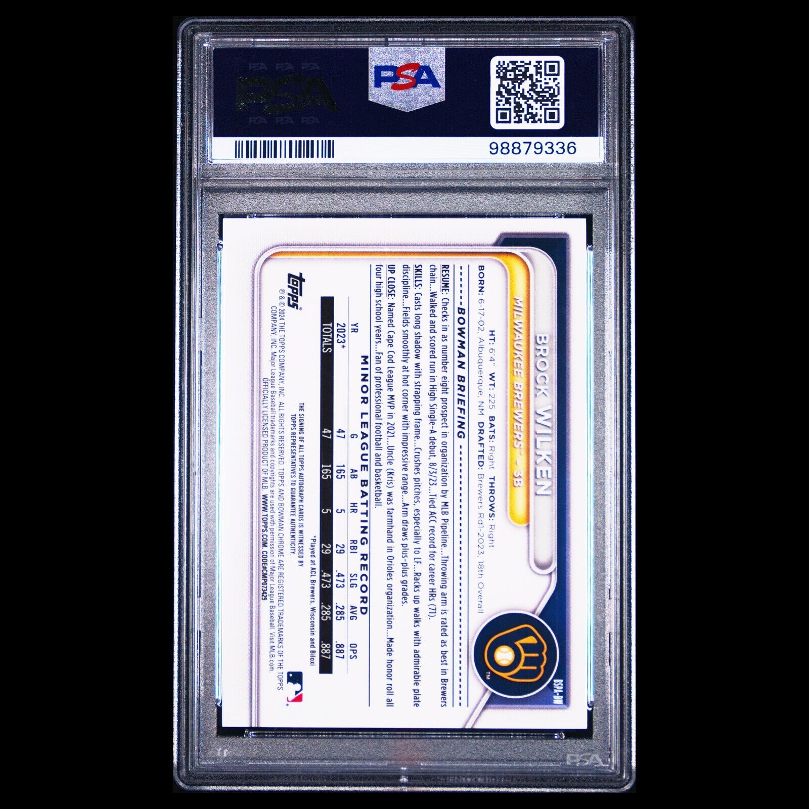 2024 Bowman Chrome Sapphire BROCK WILKEN SP 1st Gold Refractor Auto /50 PSA 10