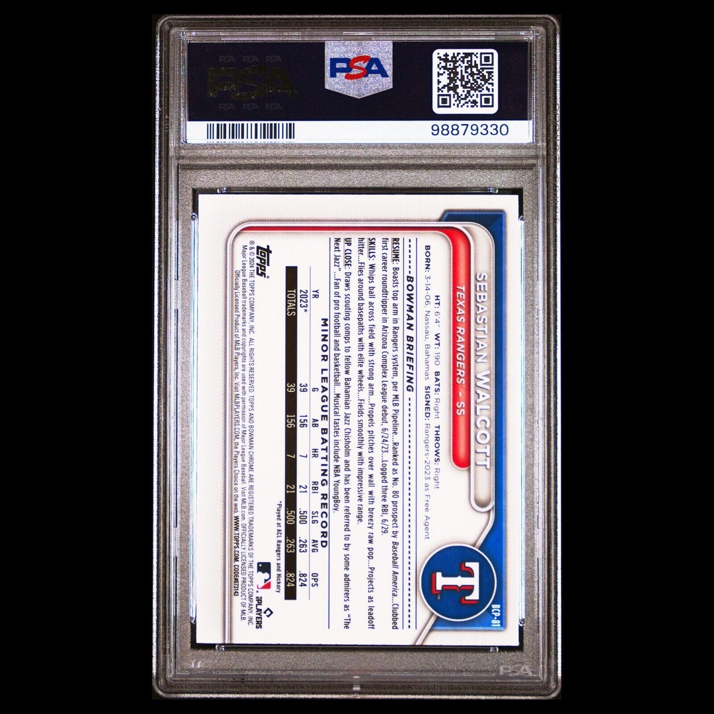 2024 Bowman Chrome Sapphire SEBASTIAN WALCOTT Green Refractor SP RC /99 PSA 10