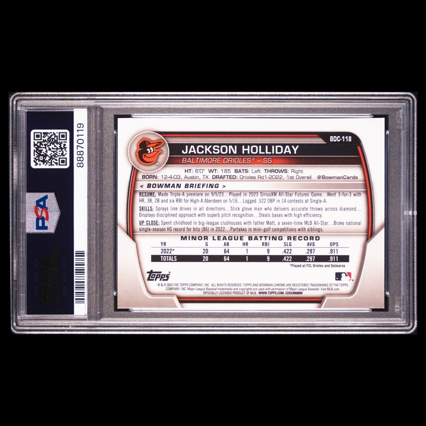 2023 Bowman Draft Sapphire JACKSON HOLLIDAY Blue Refractor Rookie Card RC PSA 9