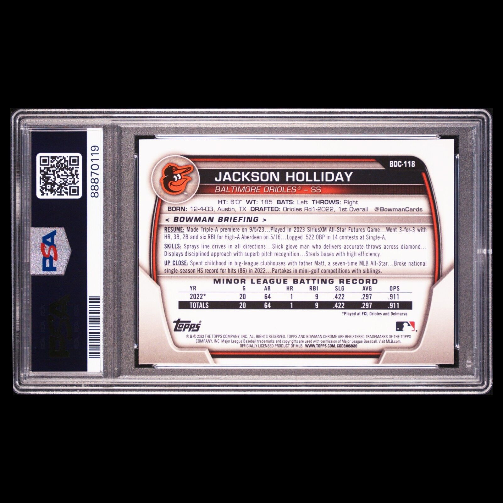 2023 Bowman Draft Sapphire JACKSON HOLLIDAY Blue Refractor Rookie Card RC PSA 9