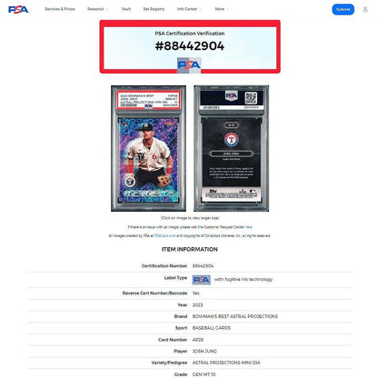 2023 Bowman's Best JOSH JUNG Astral Projections Diamond Refractor RC PSA 10 GEM!