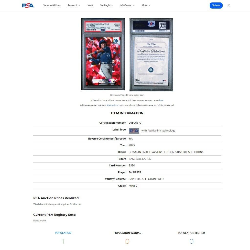 2023 Bowman Draft Sapphire Selections TAI PEETE SSP Red Refractor RC /5 PSA 9