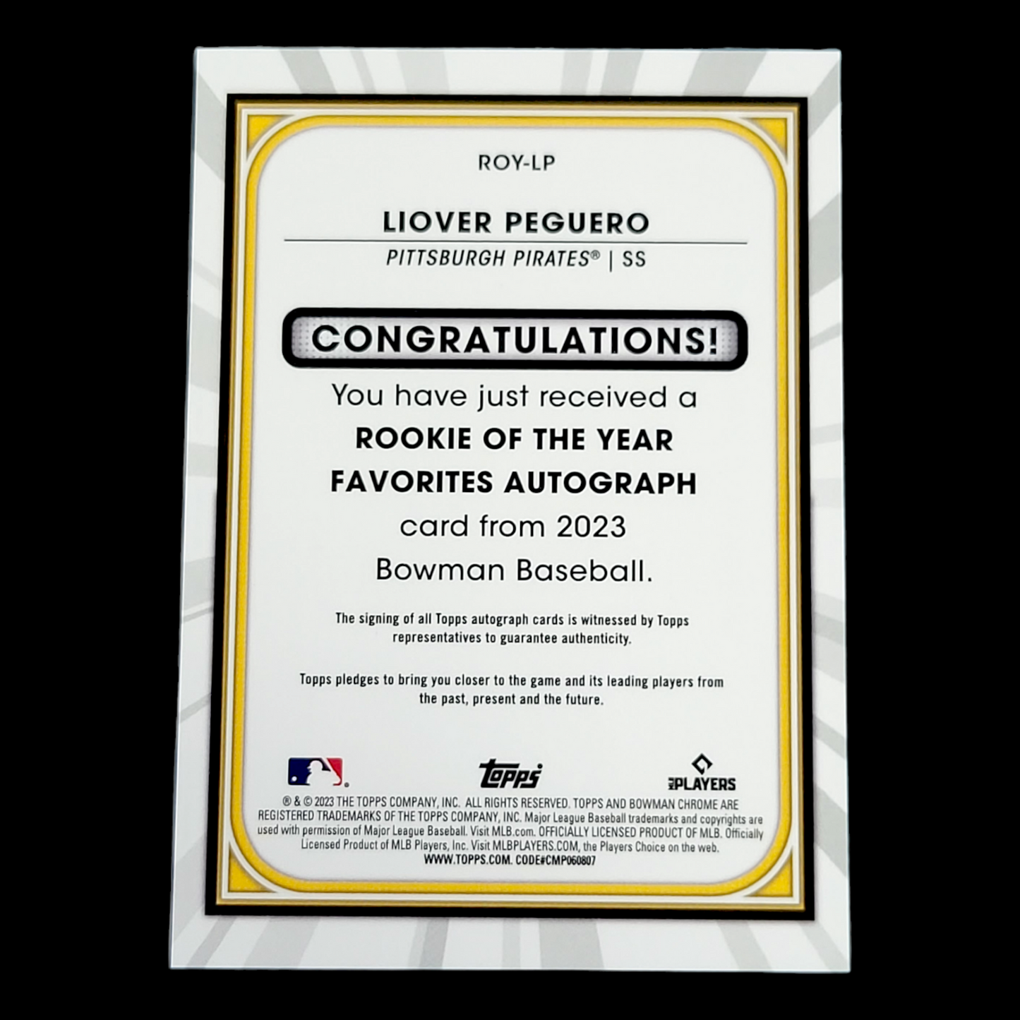 2023 Bowman Chrome LIOVER PEGUERO ROY Favorites SP Gold On Card Auto /50 #ROY-LP