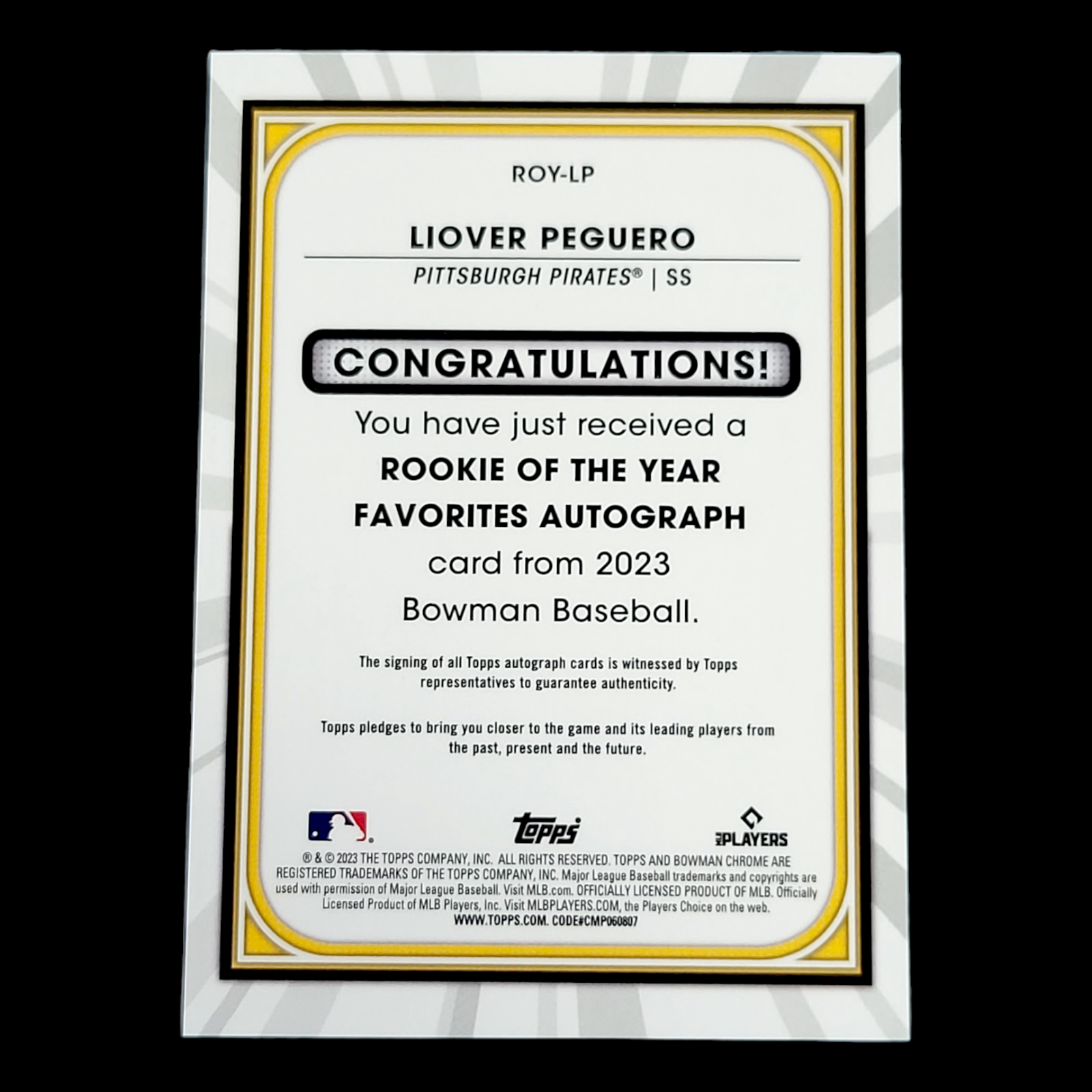 2023 Bowman Chrome LIOVER PEGUERO ROY Favorites SP Gold On Card Auto /50 #ROY-LP