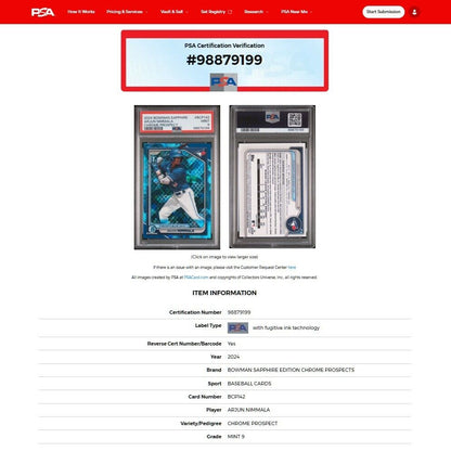 2024 Bowman Chrome Sapphire ARJUN NIMMALA 1st Bowman Refractor Rookie RC PSA 9