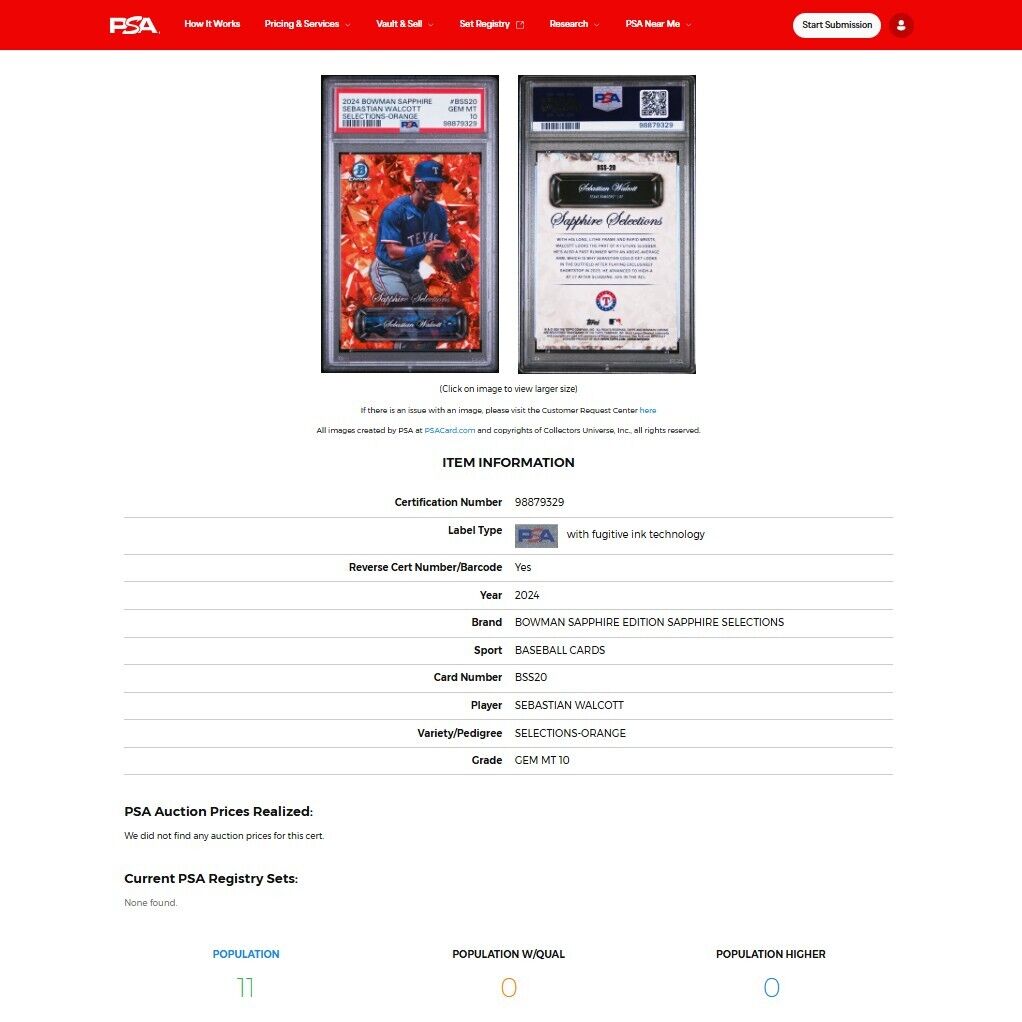 2024 Bowman Sapphire Selections SEBASTIAN WALCOTT Orange Refractor SP /25 PSA 10
