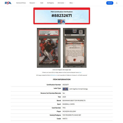 2023 Bowman's Best JACKSON HOLLIDAY Top Prospects Silver Wave Refractor PSA 9