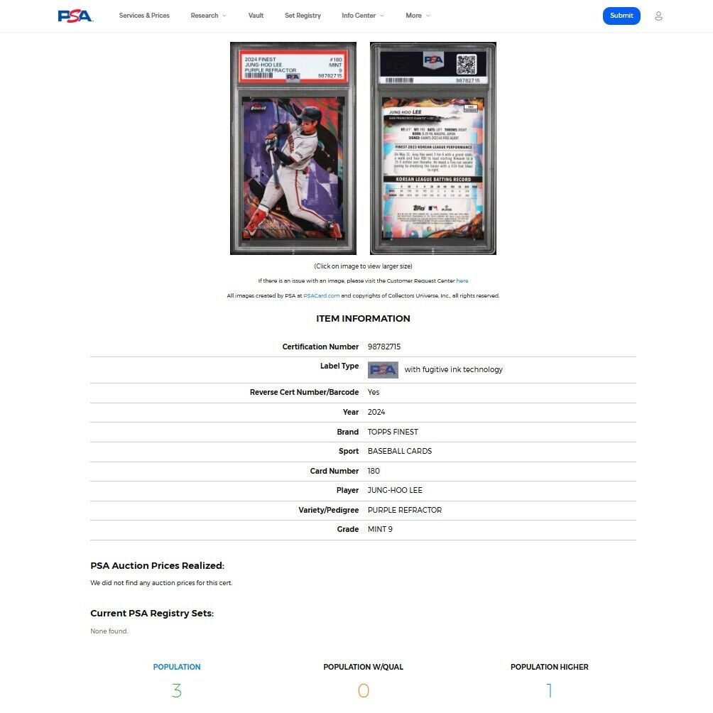 2024 Topps Finest JUNG HOO LEE Uncommon Purple Refractor Rookie RC /200 PSA 9